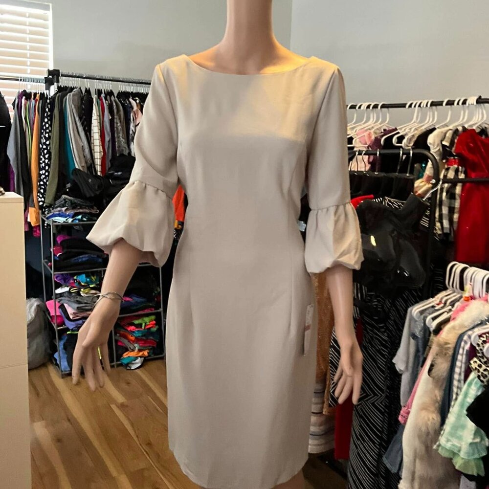 Antonio Melani Sasha Beige Sheath Dress Size 10 Lined Puffer Sleeve